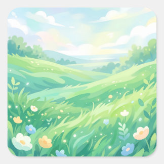 Serene Green Meadow and Spring Flowers スクエアシール