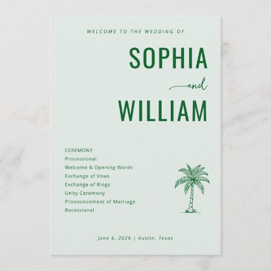 Serene Green Palm Tree Wedding Ceremony プログラム (正面)