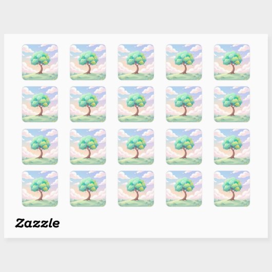 Serene Green Tree and Pastel Clouds スクエアシール (シート)