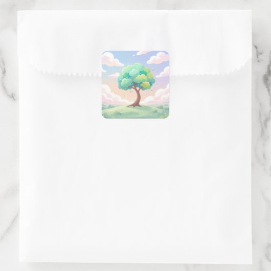 Serene Green Tree and Pastel Clouds スクエアシール (バッグ)