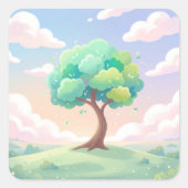 Serene Green Tree and Pastel Clouds スクエアシール (正面)