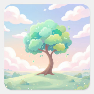 Serene Green Tree and Pastel Clouds スクエアシール