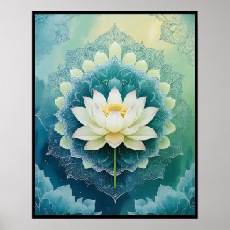 Serene Lotus Mandala：青と緑の瞑想アート ポスター