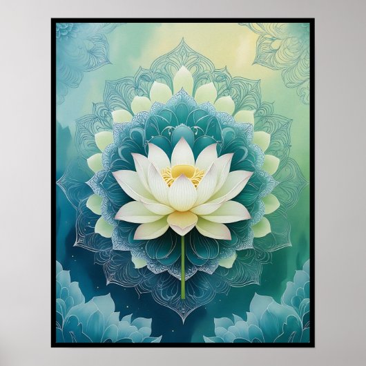 Serene Lotus Mandala：青と緑の瞑想アート ポスター (正面)