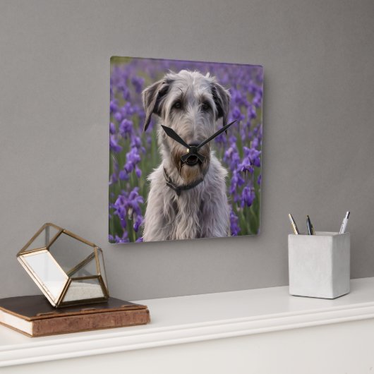 Serene Majesty: Wolfhound Sitting in a Purple Iris スクエア壁時計 (オフィス)