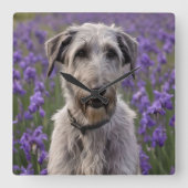 Serene Majesty: Wolfhound Sitting in a Purple Iris スクエア壁時計 (正面)