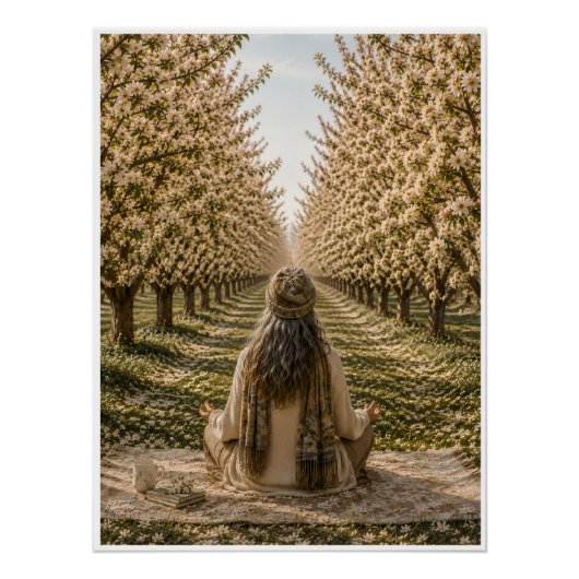 Serene Meditation in Blooming Orchard Floral Wall ポスター (正面)