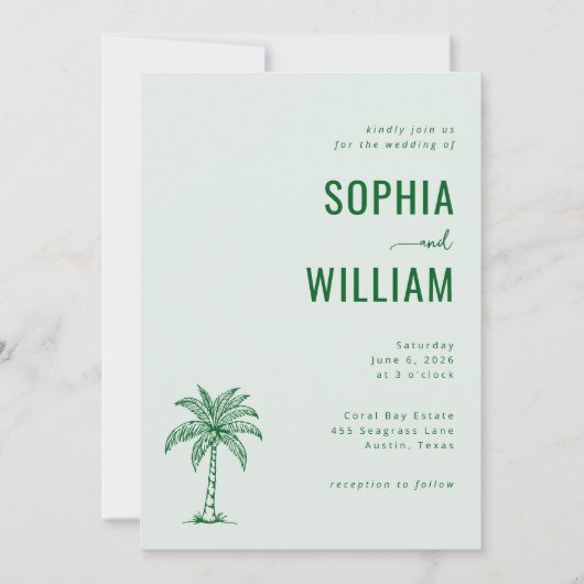 Serene Mint Palm Tree Wedding 招待状 (正面)