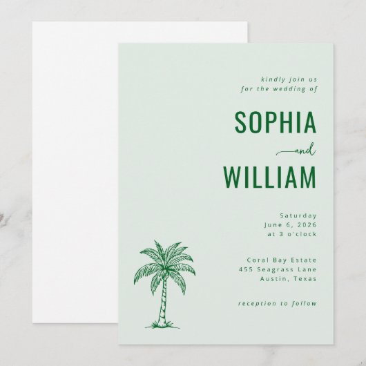 Serene Mint Palm Tree Wedding 招待状 (正面/裏面)