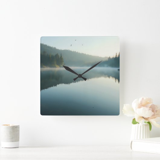 Serene Misty Lake Forest Morning Reflection スクエア壁時計 (ホーム)