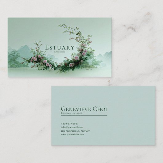 Serene Misty Lake Pale Pink Rose Floral Crescent 名刺 (正面/裏面)