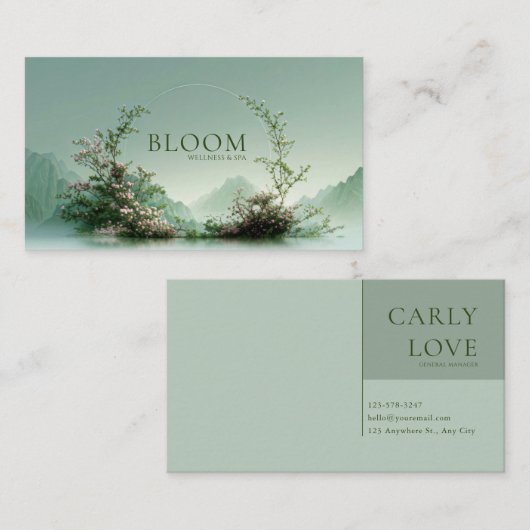 Serene Misty Lake Pink Floral Arch Mountain Zen 名刺 (正面/裏面)
