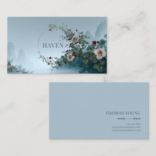 Serene Misty Lake Rose Vine Elegant Gold Frame 名刺 (正面/裏面)