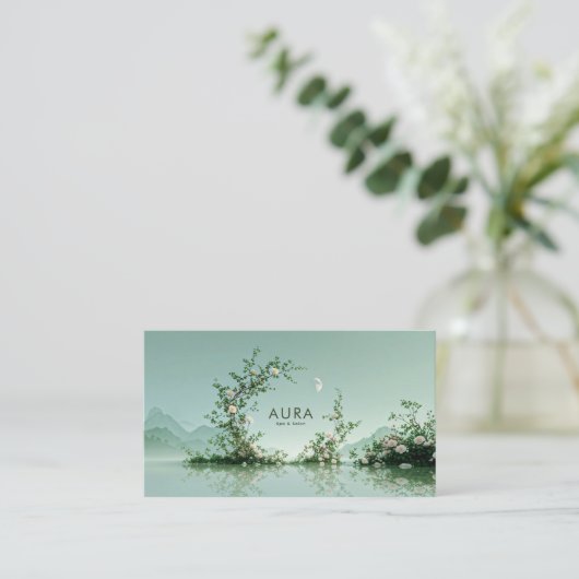 Serene Misty Lake White Rose Vine Crescent Moon 名刺 (スタンド正面)