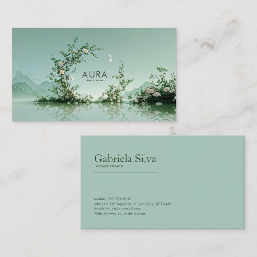 Serene Misty Lake White Rose Vine Crescent Moon 名刺 (正面/裏面)