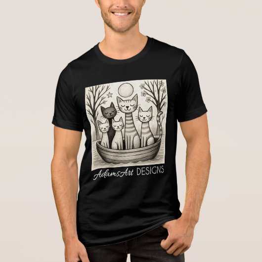 Serene Moonlit Cat Family Illustration トライブレンドＴシャツ (正面)