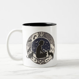 Serene Moonlit Cats & Girl Silhouette Artistic Mug ツートーンマグカップ
