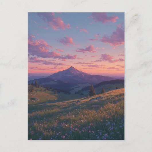 Serene Mountain Meadow at Pink Sunset ポストカード (正面)