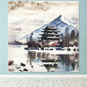 Serene Mountain Pagoda (Winter) キャンバスプリント (インサイチュ (ウッドフロア))