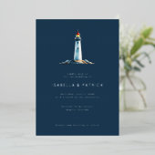 Serene Navy Lighthouse Illustration 箔招待状 (立ち正面)