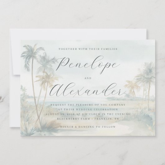 Serene Pastel Watercolor Palm Trees 招待状 (正面)