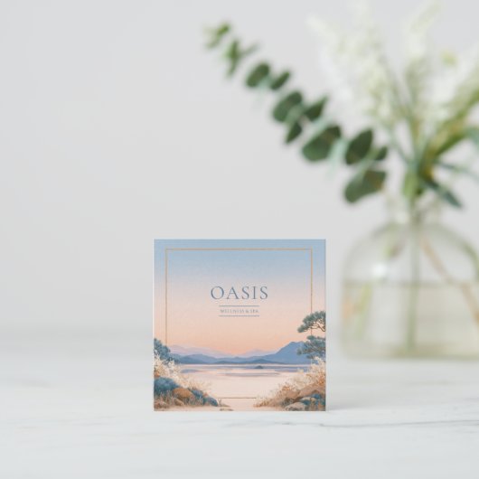 Serene Peach Blue Landscape Gold Frame Artistic スクエア名刺 (スタンド正面)