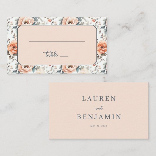 Serene Peach Vintage Floral プレイスカード (正面/裏面)