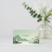 Serene Pink Rose Misty Mountain Lake Landscape 名刺 (スタンド正面)