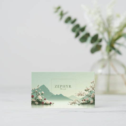 Serene Pink Rose Misty Mountain Lake Landscape 名刺 (スタンド正面)