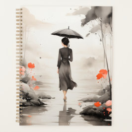  Serene Rainy Path Art Planner with Floral Accents プランナー手帳