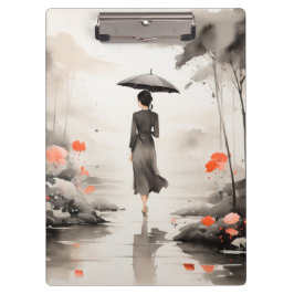  Serene Rainy Path Art with Floral Accents クリップボード