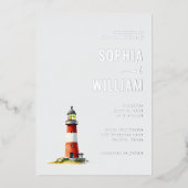 Serene Red Watercolor Lighthouse 箔招待状 (正面)