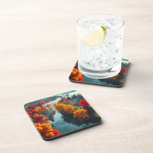 Serene River Shore Reflection Nature Art  コースター (右側)