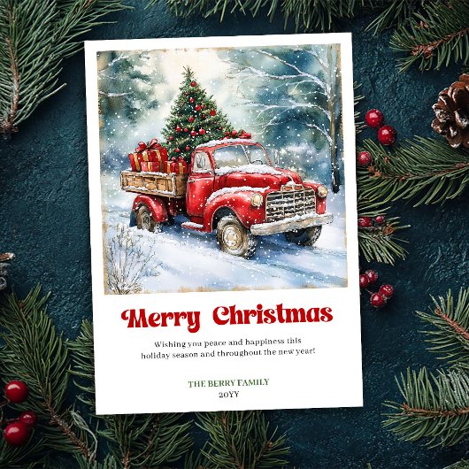 Serene Rustic Red Truck Winter Scene Greeting Card シーズンカード