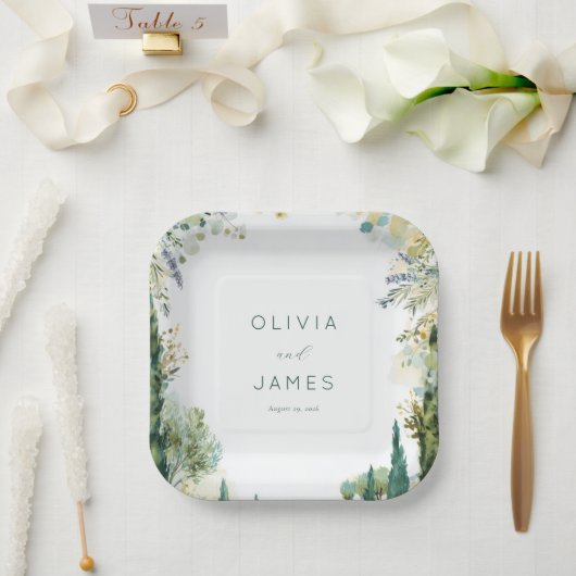 Serene Sage Watercolor Florals ペーパープレート (ウェディング)