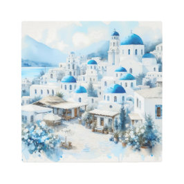 Serene Santorini：グレシアンチャーの水彩ビスタ メタルプリント