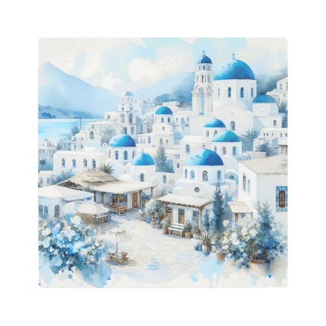 Serene Santorini：グレシアンチャーの水彩ビスタ メタルプリント (正面)