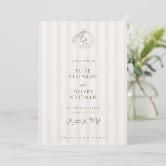 Serene Shell Monogram Coastal Stripes Wedding セーブザデート (スタンド正面)