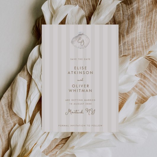 Serene Shell Monogram Coastal Stripes Wedding セーブザデート