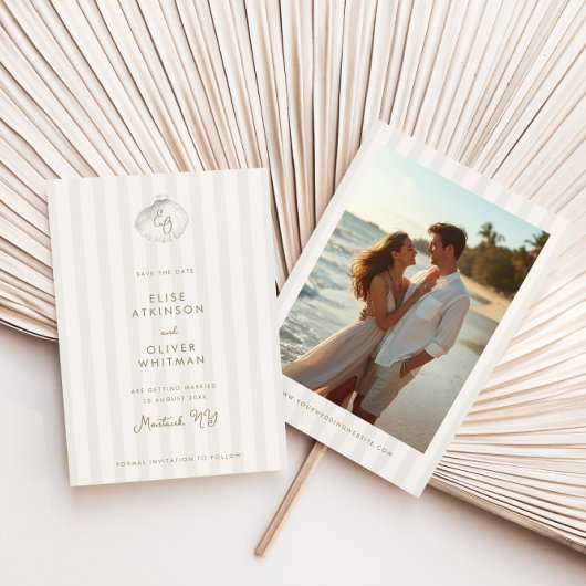 Serene Shell Monogram Coastal Stripes Wedding セーブザデート