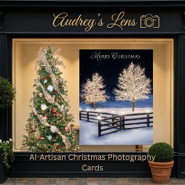 Serene snowy landscape illuminated by lit trees カード