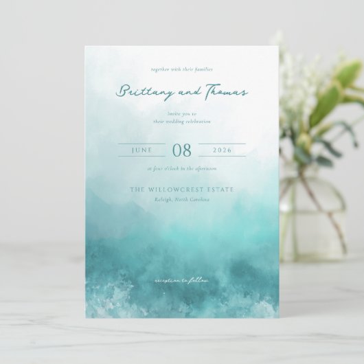Serene Teal Watercolor Waves 招待状 (スタンド正面)