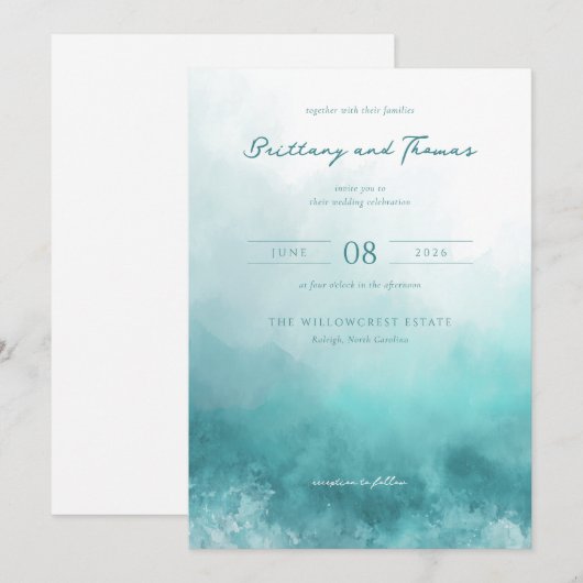 Serene Teal Watercolor Waves 招待状 (正面/裏面)