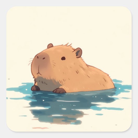 Serene Wading Capybara Illustration スクエアシール (正面)
