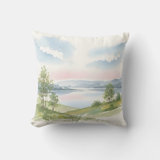 Serene Watercolor Lake Landscape Nature クッション (正面)