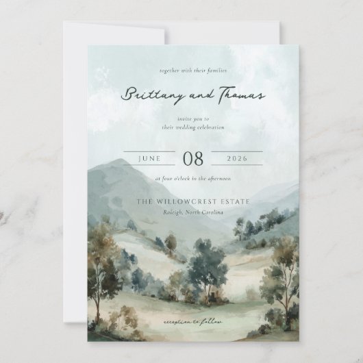Serene Watercolor Landscape Wedding Invitation 招待状 (正面)