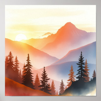 Serene Watercolor Mountain Landscape Wall Art ポスター