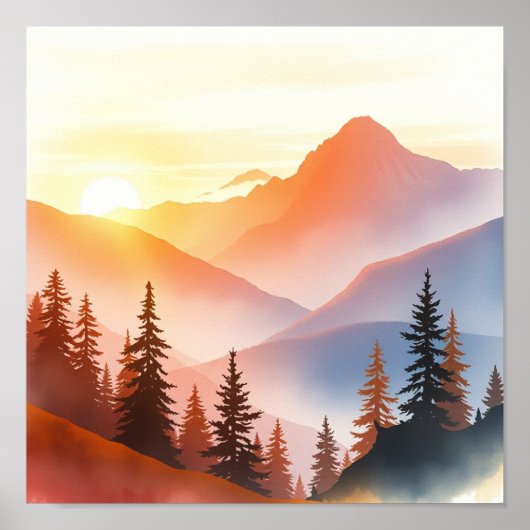Serene Watercolor Mountain Landscape Wall Art ポスター (正面)