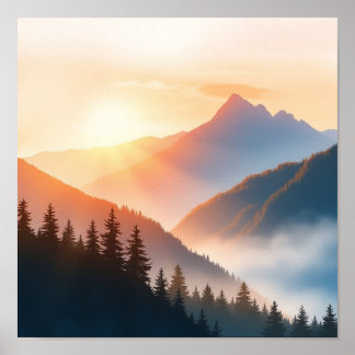 Serene Watercolor Mountain Landscape Wall Art ポスター