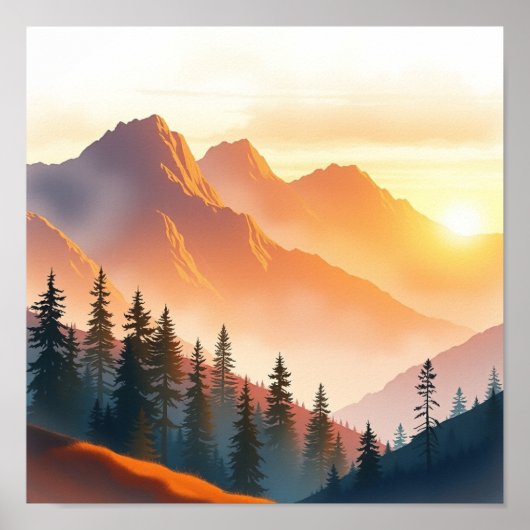Serene Watercolor Mountain Landscape Wall Art ポスター (正面)